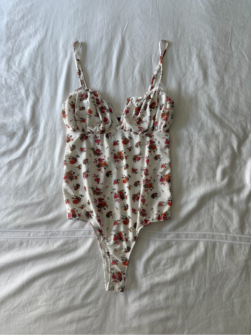 Lulus White Floral Bodysuit with Red & Pink Roses Size XS